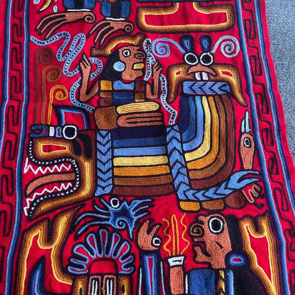 Vintage Peruvian Hand Embroidered Textile Wall Hanging Incan Mythological Art